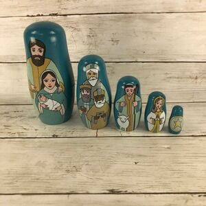 Nativity Nesting Dolls Wooden Matryoshka 5 Piece Christmas Set Blue Holy Family